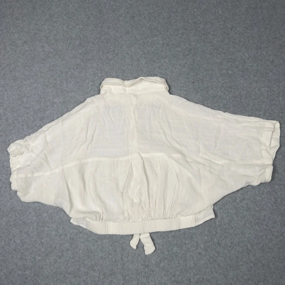 RAG POETS White Textured Cropped Button Up Shirt Dolman Sleeve Tie Front Size S
